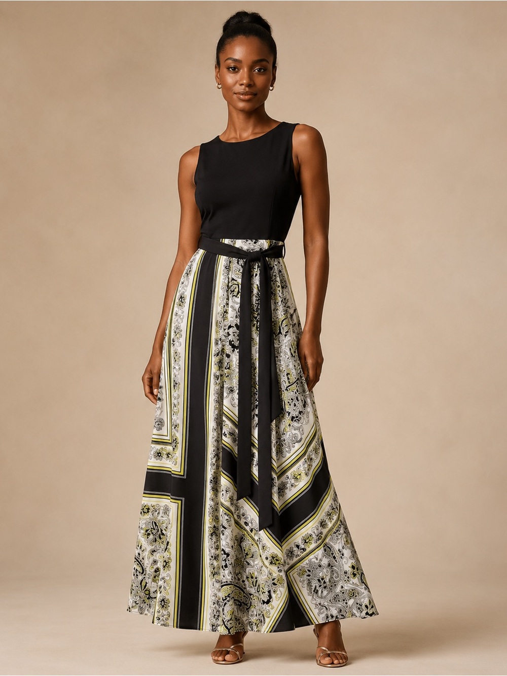 Eliza J Black Bodice Maxi Skirt with Yellow-Accented Pattern